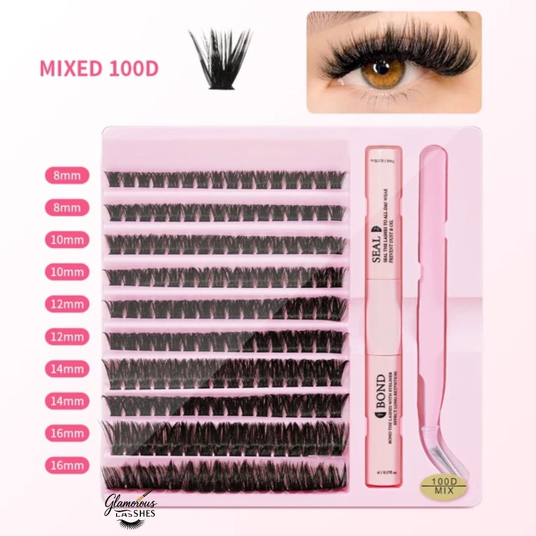 Glamorous Lashes Kit Ciglia a Ciuffetti Cluster Lash Mix 100D con Bond, Seal e Pinzetta