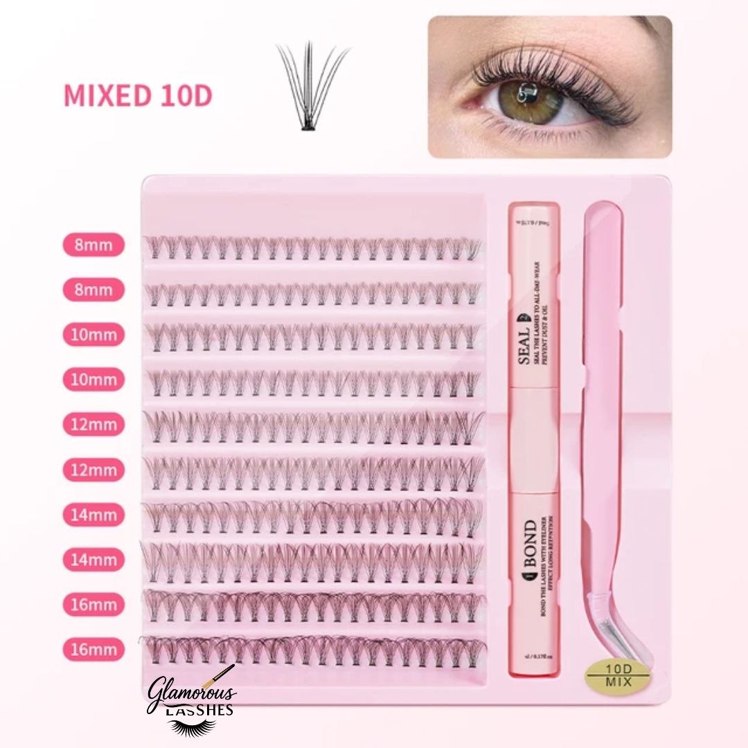 Glamorous Lashes Kit Ciglia a Ciuffetti Cluster Lash Mix 10D con Bond, Seal e Pinzetta