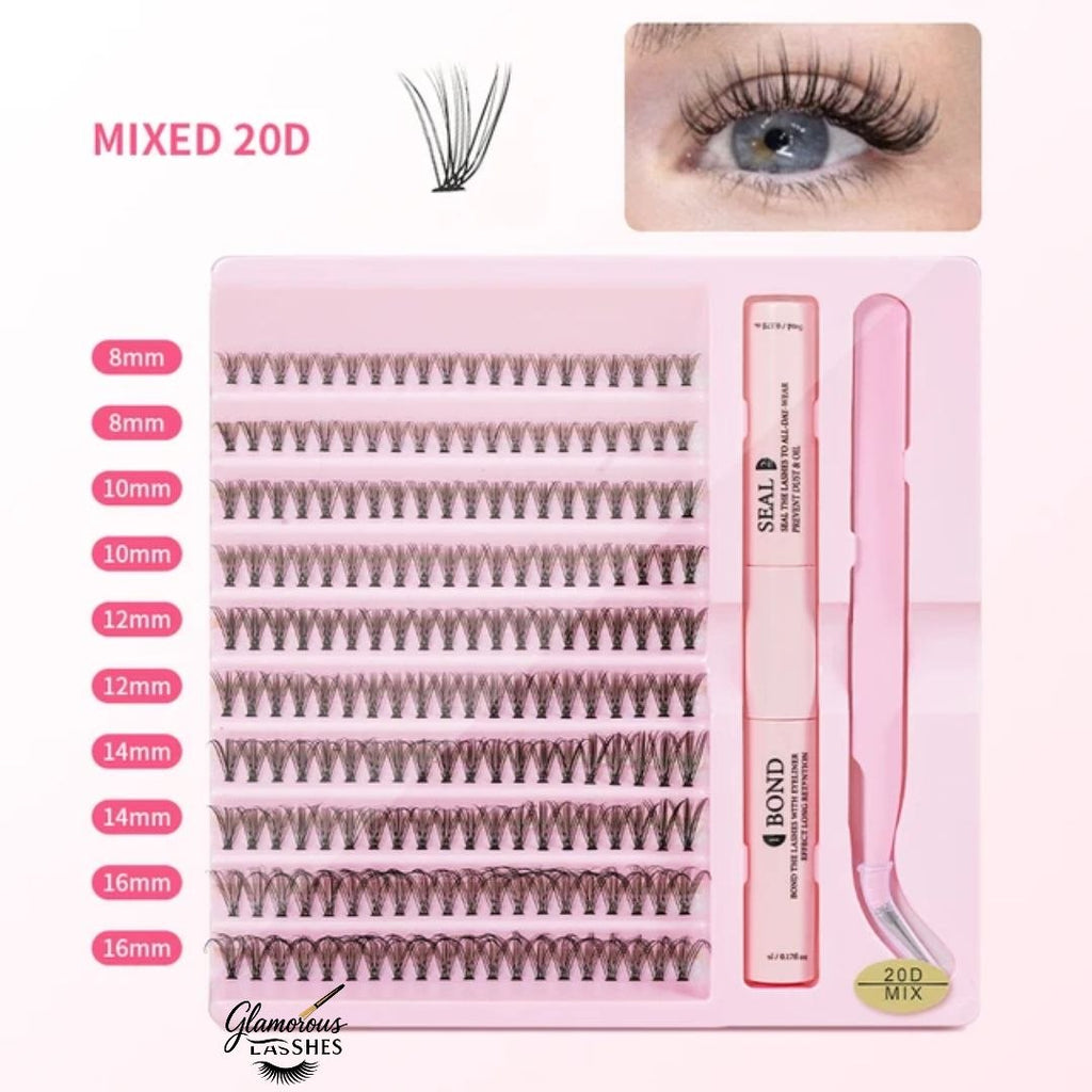 Glamorous Lashes Kit Ciglia a Ciuffetti Cluster Lash Mix 20D con Bond, Seal e Pinzetta
