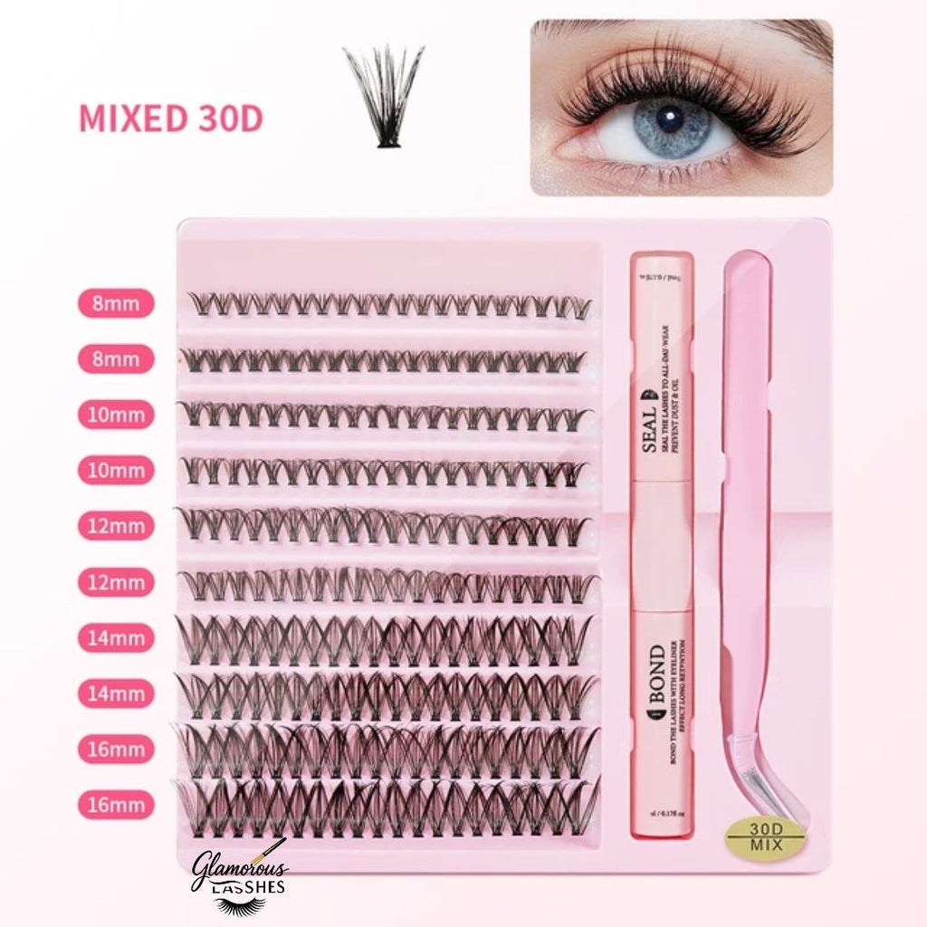 Glamorous Lashes Kit Ciglia a Ciuffetti Cluster Lash Mix 30D con Bond, Seal e Pinzetta