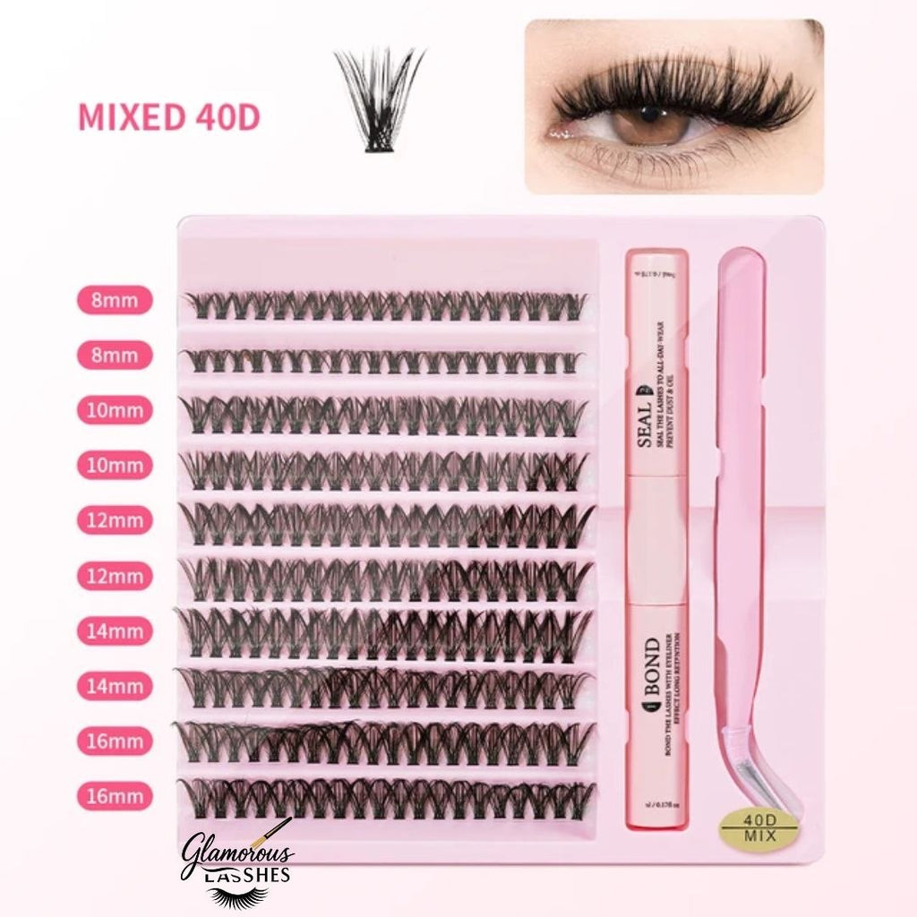Glamorous Lashes Kit Ciglia a Ciuffetti Cluster Lash Mix 40D con Bond, Seal e Pinzetta
