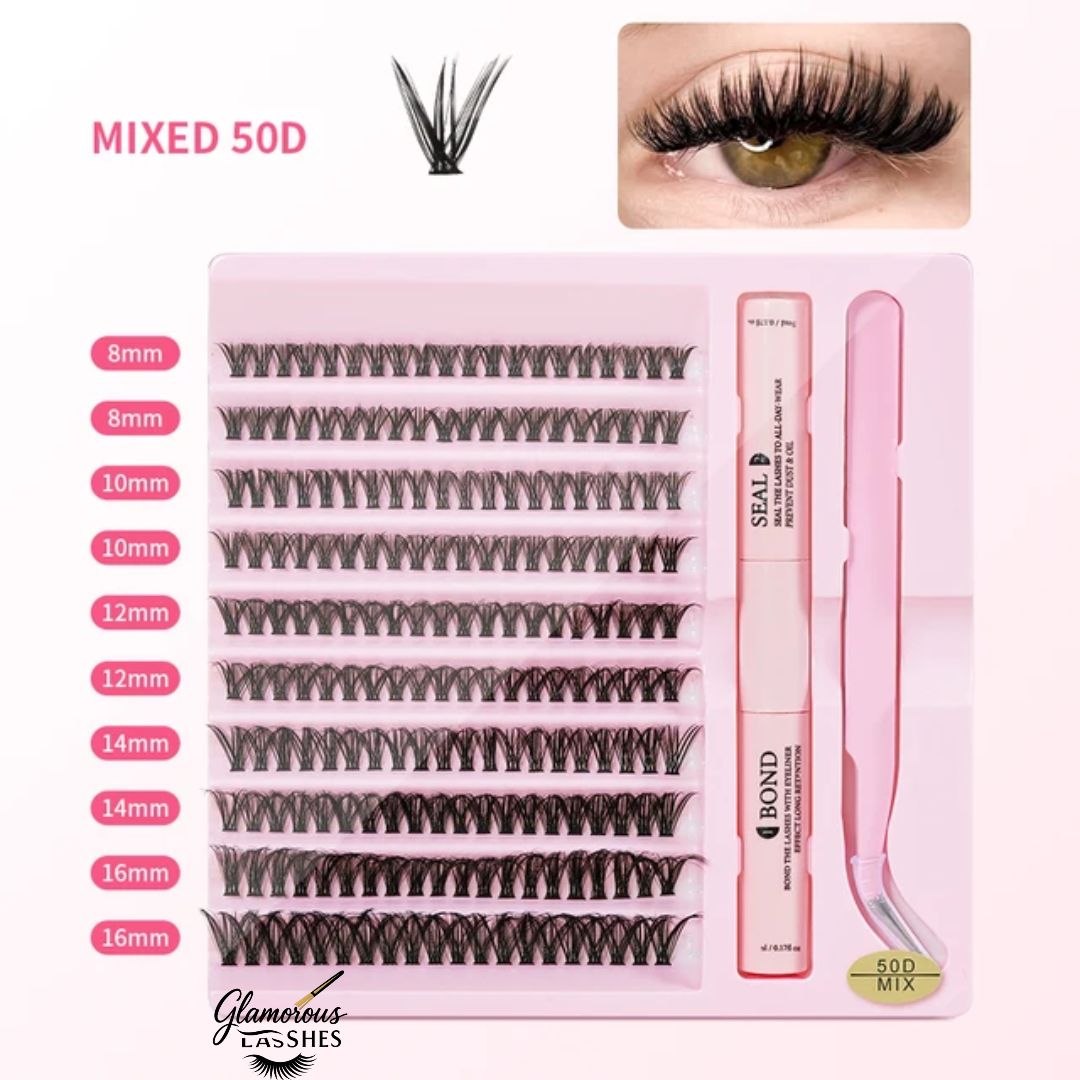 Glamorous Lashes Kit Ciglia a Ciuffetti Cluster Lash Mix 50D con Bond, Seal e Pinzetta