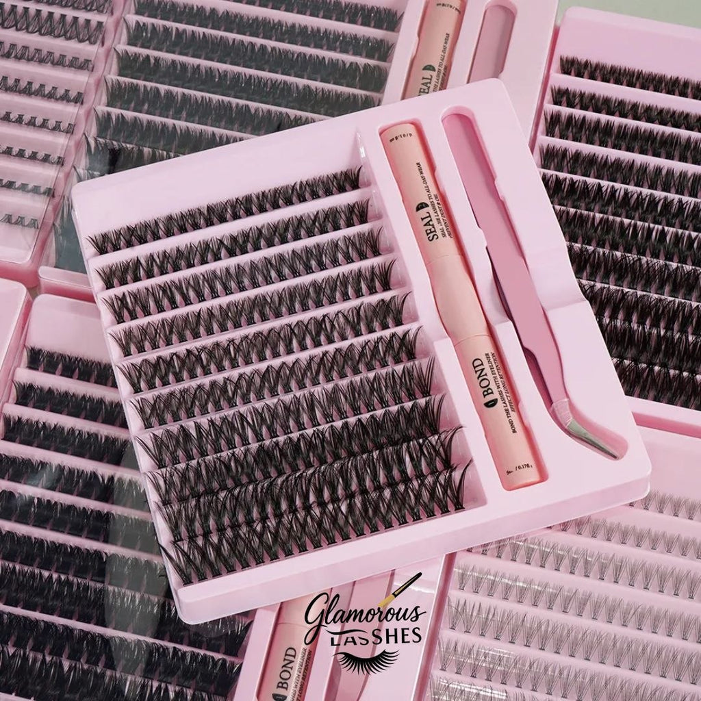 Glamorous Lashes Kit Ciglia a Ciuffetti Cluster Lash Mix 30D con Bond, Seal e Pinzetta