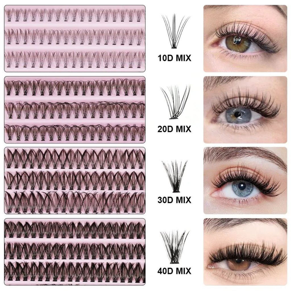 Glamorous Lashes Kit Ciglia a Ciuffetti Cluster Lash Mix 30D con Bond, Seal e Pinzetta