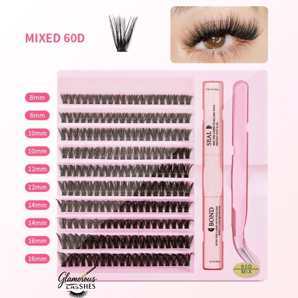 Glamorous Lashes Kit Ciglia a Ciuffetti Cluster Lash Mix 60D con Bond, Seal e Pinzetta