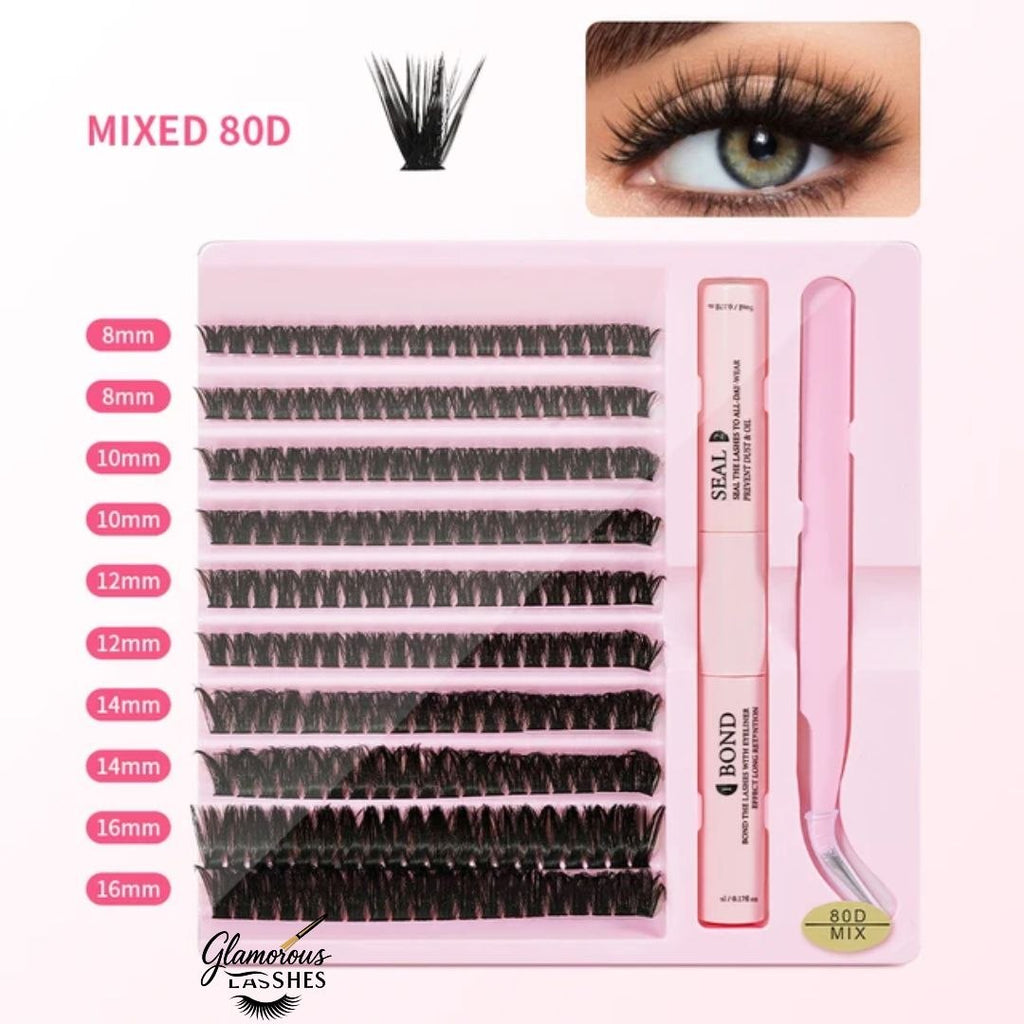 Glamorous Lashes Kit Ciglia a Ciuffetti Cluster Lash Mix 80D con Bond, Seal e Pinzetta
