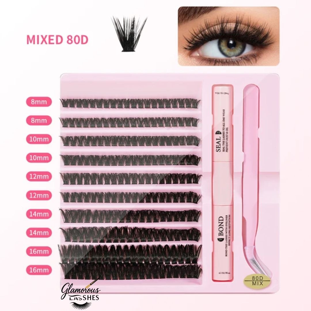 Glamorous Lashes Kit Ciglia a Ciuffetti Cluster Lash Mix 80D con Bond, Seal e Pinzetta