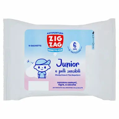 Zig Zag Insetti-Via Antipuntura Junior e pelli sensibili Mosquitoes & Tiks Repellent Salviette 15 pz