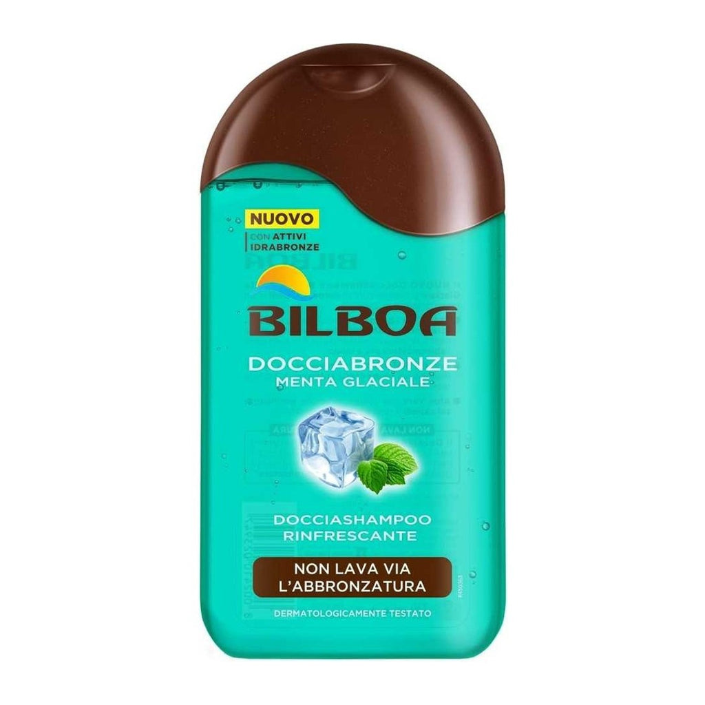 Bilboa, Docciabronze Rinfrescante, Doccia Shampoo Menta Glaciale per Corpo e Capelli - Idrata la Pelle e Non Toglie l'Abbronzatura - Dermatologicamente Testato - Flacone da 250 ml